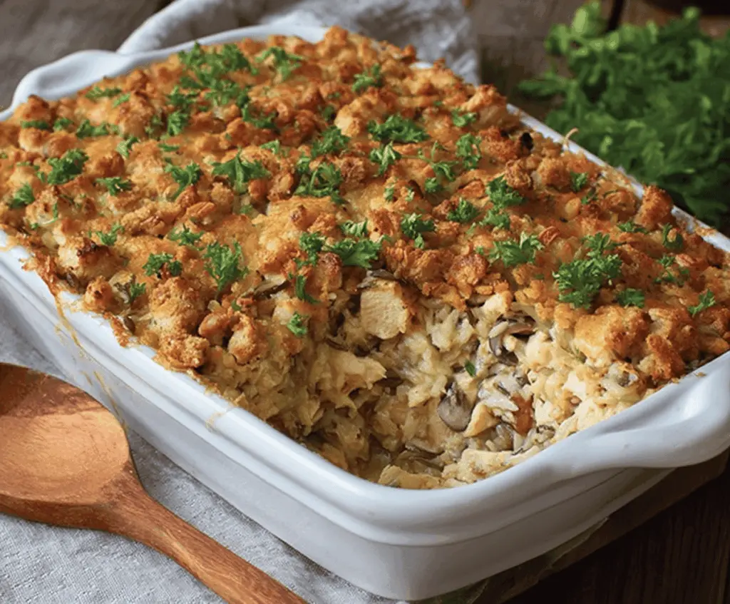Creamy Chicken Wild Rice Casserole with melted cheese and golden-brown topping, served in a baking dish.