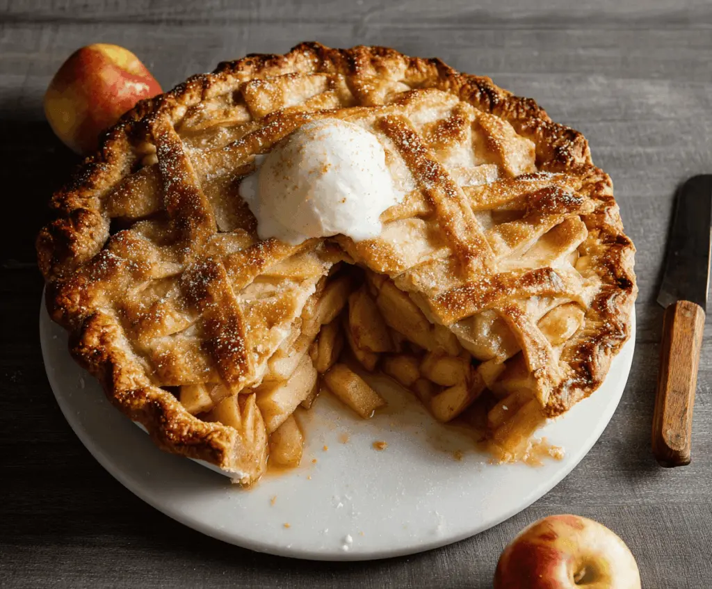 Delicious homemade classic apple pie with golden flaky crust and cinnamon-spiced apple filling, served with a slice on a rustic plate