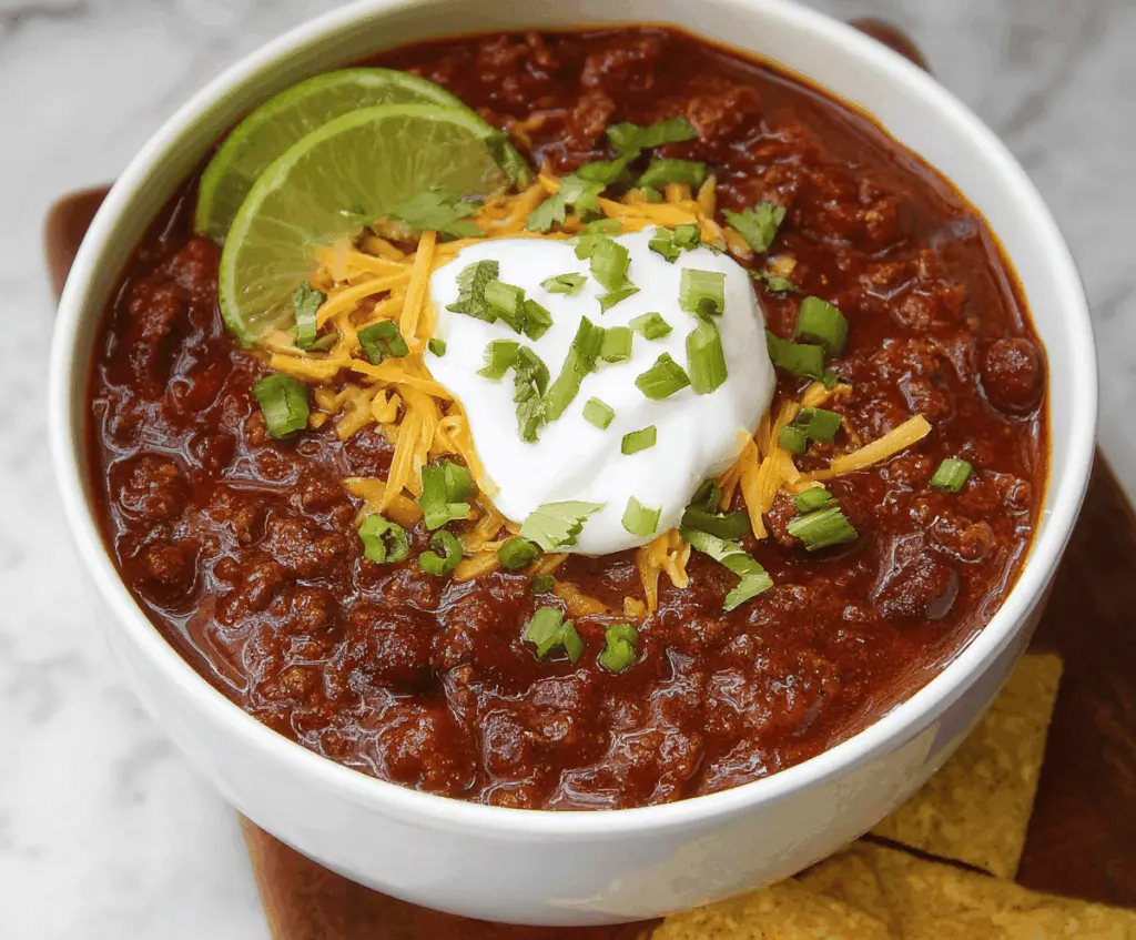 Hearty bowl of classic beef chili topped with shredded cheese and fresh herbs, served with cornbread on the side.
