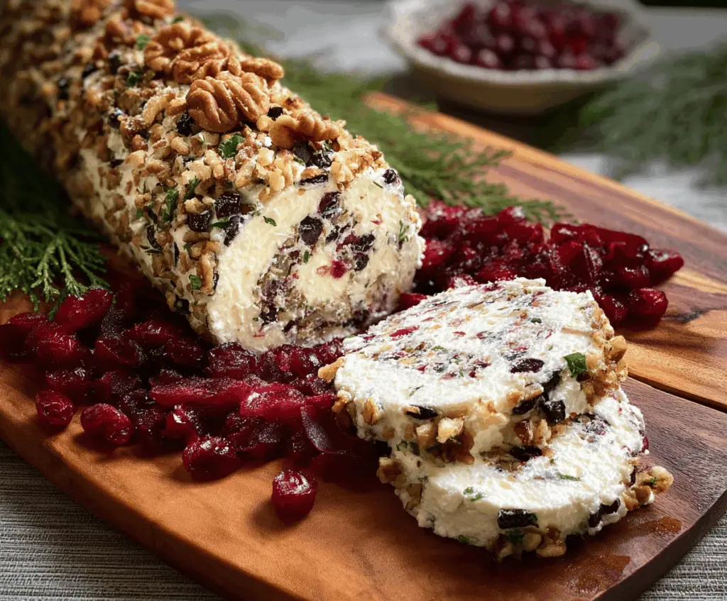 Creamy cranberry walnut cheese log garnished with fresh cranberries and walnuts, perfect for holiday appetizer platters.