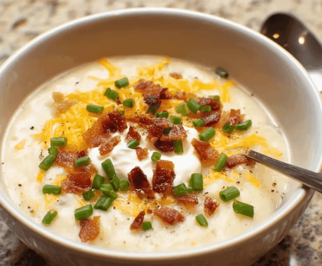 Creamy baked potato soup garnished with chopped chives and shredded cheese in a rustic bowl, served with bread on the side