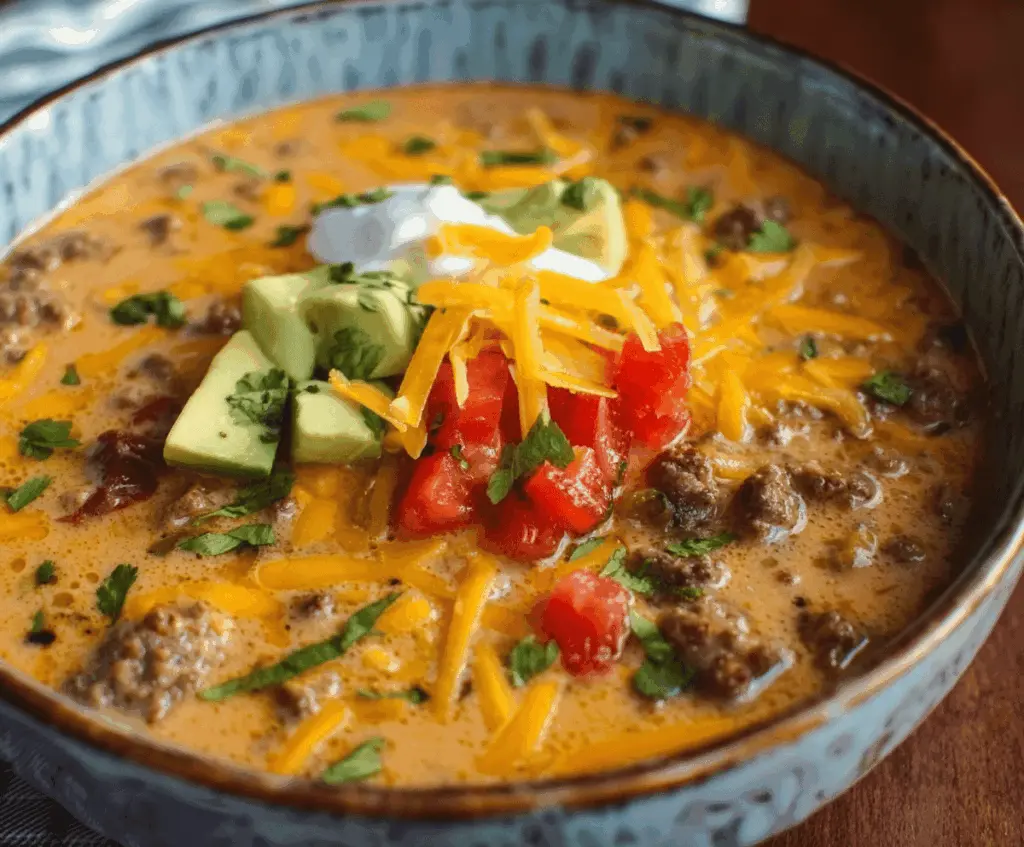 Creamy cheesy ground beef taco soup served in a bowl with toppings, perfect for a flavorful and hearty meal