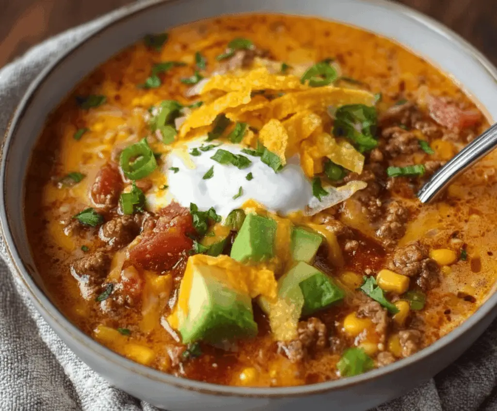 Creamy cheesy ground beef taco soup in a bowl topped with shredded cheese, fresh cilantro, and sliced jalapeños, ready to serve.