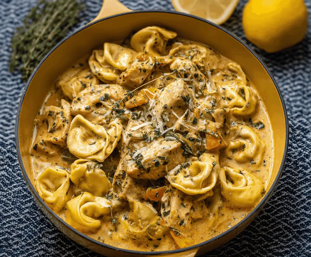Creamy Herb Chicken Tortellini served in a bowl with fresh herbs, showcasing a rich and flavorful pasta dish perfect for dinner