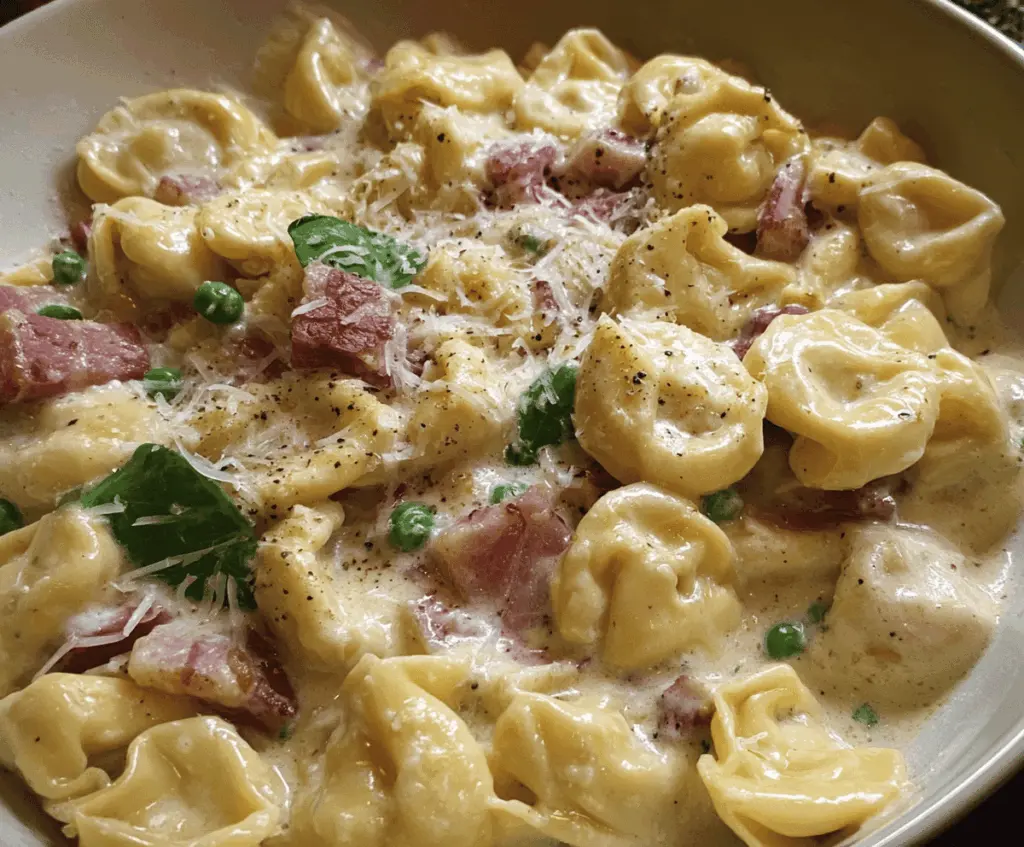 Creamy tortellini carbonara served in a bowl with crispy bacon and grated Parmesan cheese, topped with fresh herbs for a flavorful Italian pasta dish