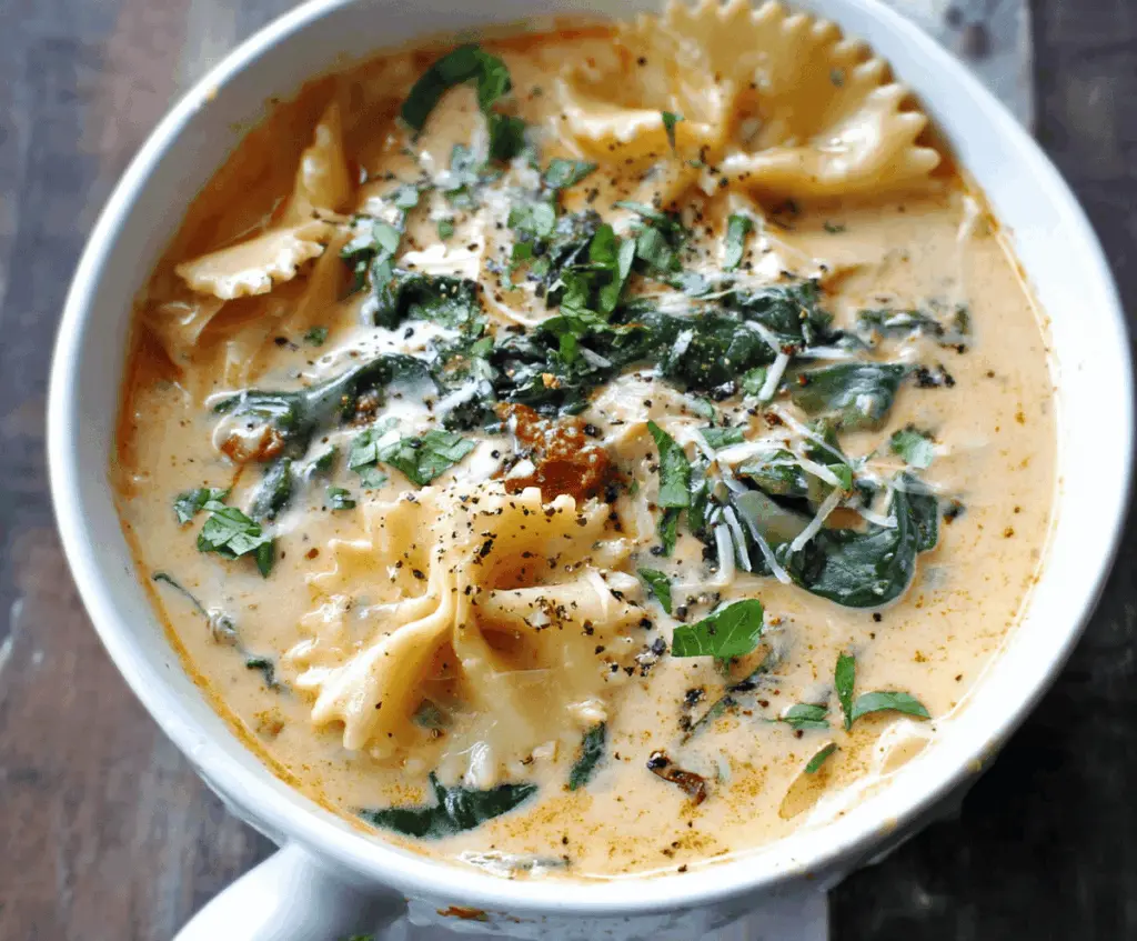 Creamy vegetarian lasagna soup served in a bowl with melted cheese, fresh basil, and pasta, showcasing a hearty and flavorful meatless soup option