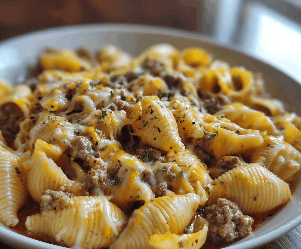 Creamy Crockpot Cheesy Ranch Beef Pasta Shells in a serving bowl, featuring tender pasta shells, seasoned ground beef, melted cheese, and fresh herbs for a flavorful comfort meal.