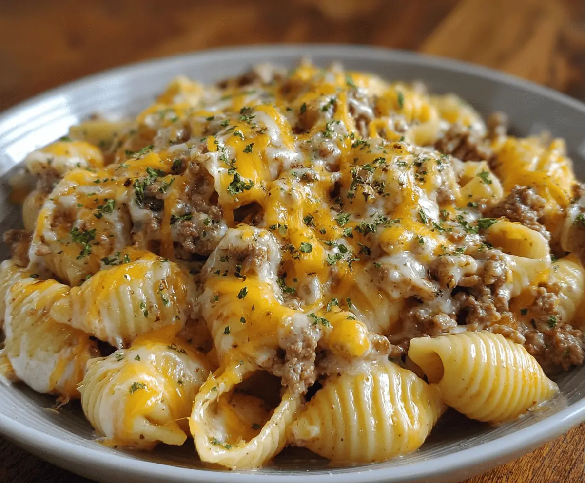 Crockpot Cheesy Ranch Beef Pasta Shells