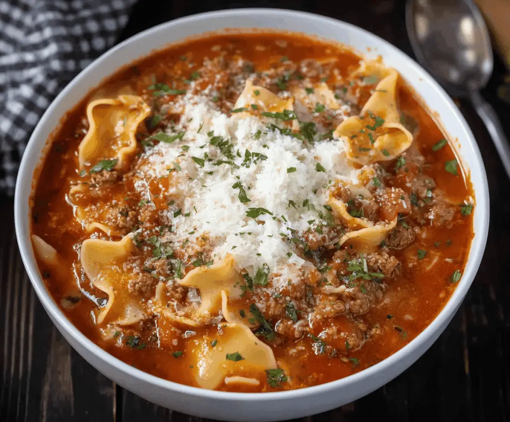 Delicious Crockpot Lasagna Soup served in a bowl with melted cheese, fresh basil, and a spoon, showcasing a hearty Italian-inspired meal
