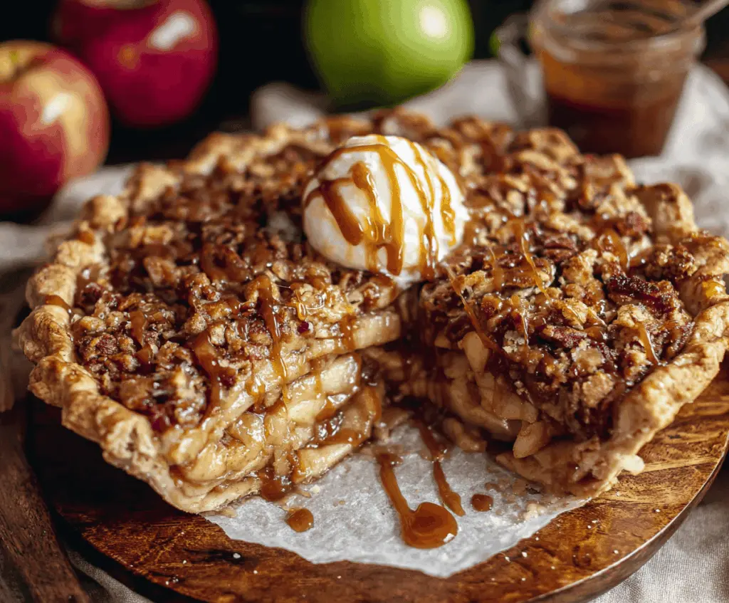 Delicious Dutch Caramel Apple Pie topped with caramel drizzle and flaky crust, ready to serve