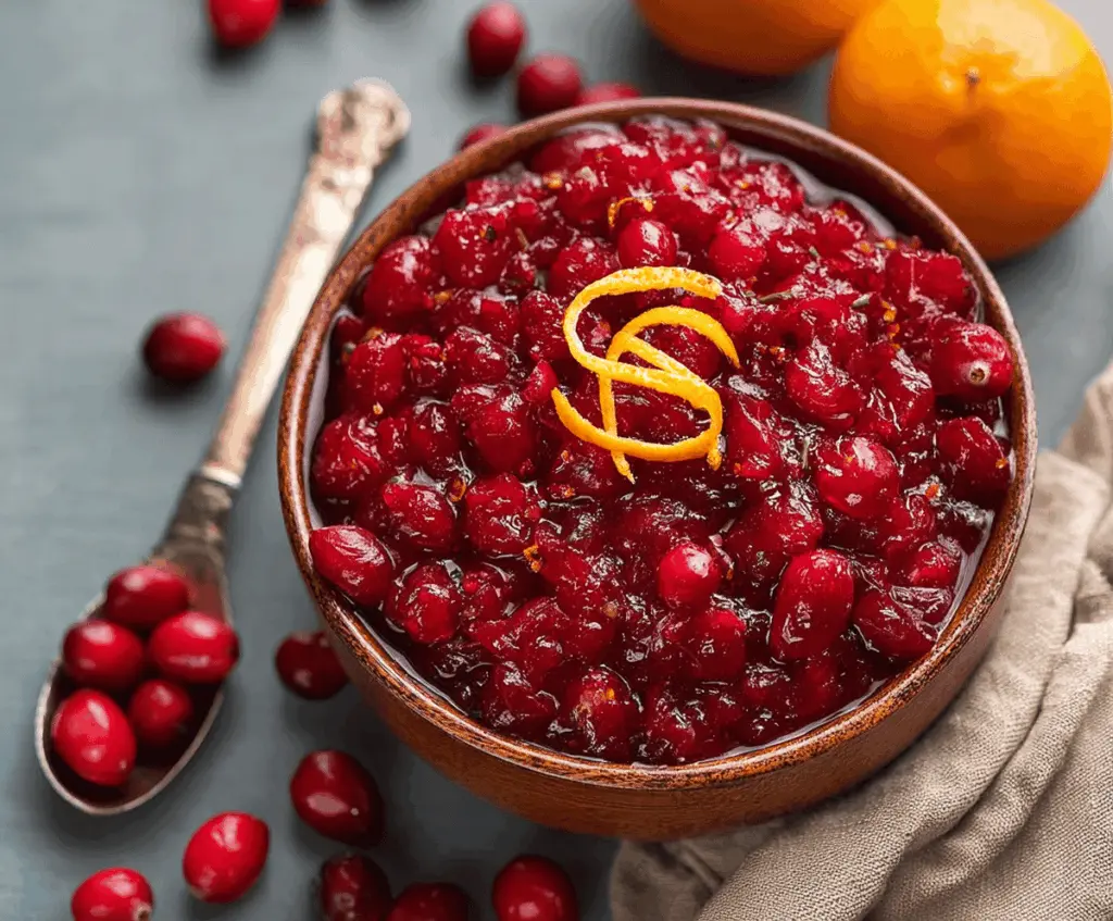 Fresh cranberry-orange relish in a glass bowl with bright red cranberries, orange slices, and fresh mint, perfect for Thanksgiving celebration.