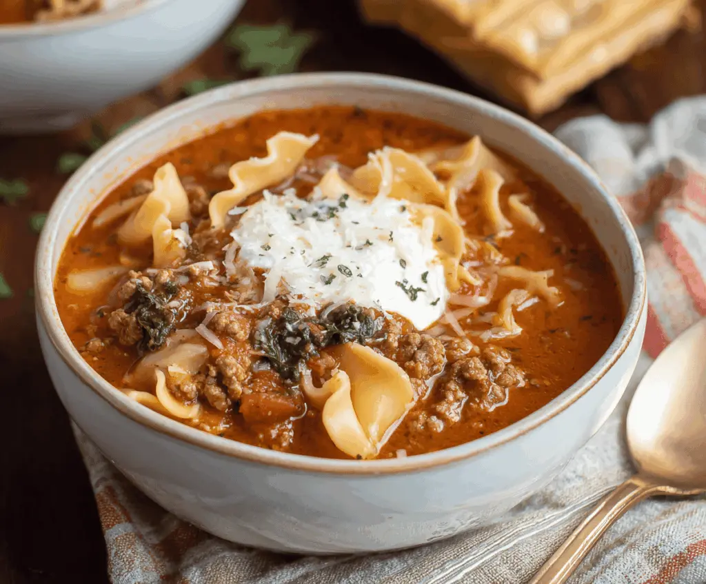 A steaming bowl of gluten-free lasagna soup topped with melted cheese, fresh basil, and a sprinkle of grated Parmesan, served in a rustic bowl.