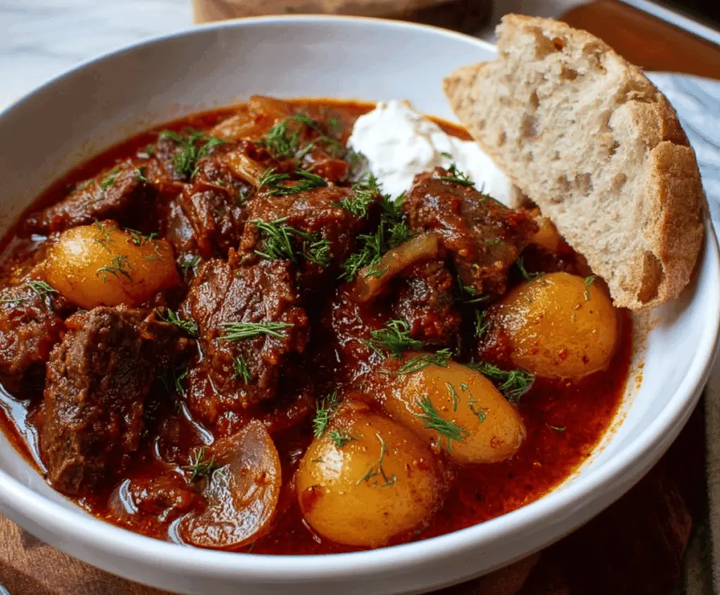 Hearty Greek beef stew with tender beef chunks, fresh vegetables, herbs, and spices served in a rustic bowl