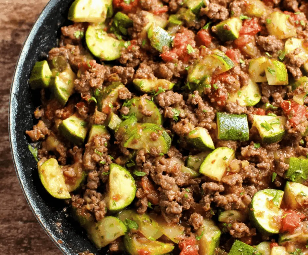 Delicious Ground Beef and Zucchini Skillet served in a skillet with fresh herbs, perfect for a healthy and easy dinner recipe.