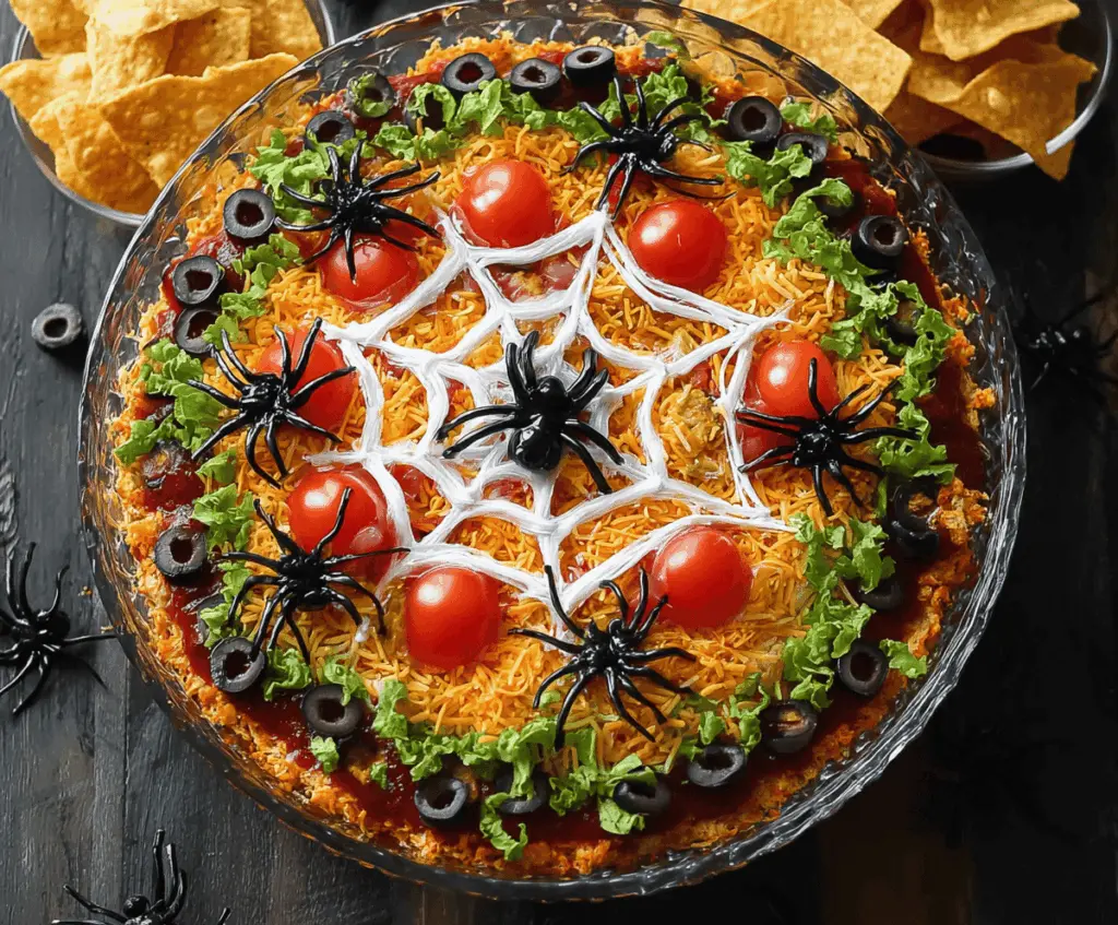 Halloween Spiderweb Layered Taco Dip with sour cream spiderweb and fresh vegetables for a spooky party appetizer