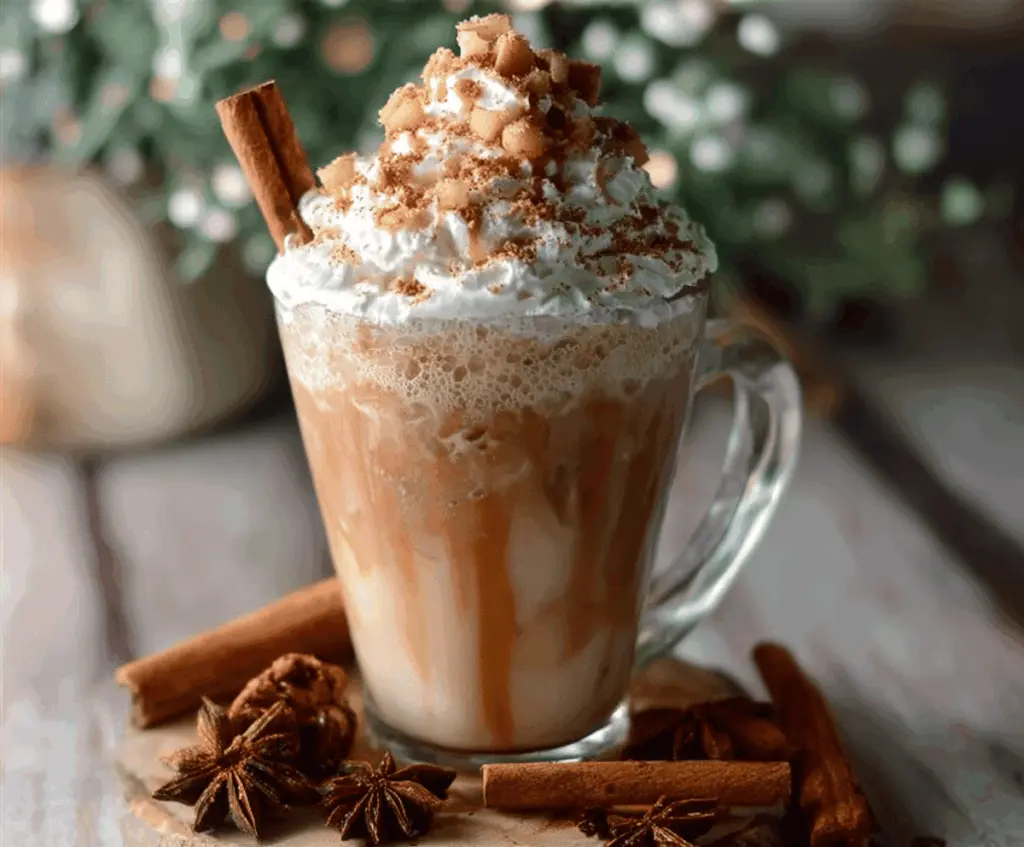 Refreshing Iced Apple Crisp Cream Chai Latte in a glass mug with whipped cream and cinnamon garnish, perfect for fall refreshment.