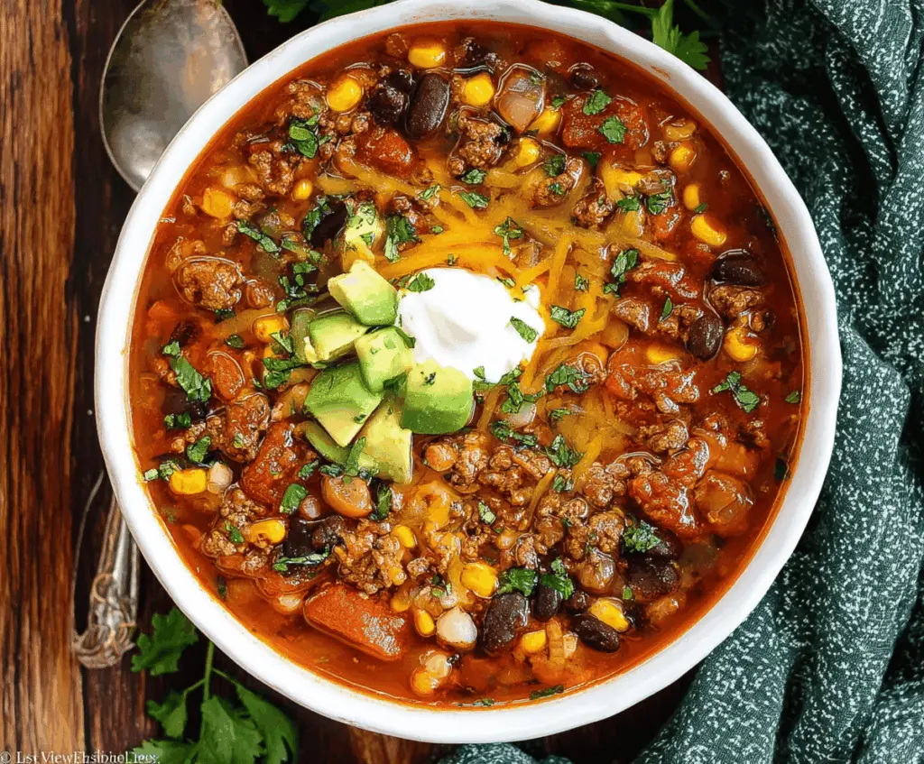 Delicious Instant Pot Loaded Taco Soup with ground beef, beans, corn, cheese, and toppings in a bowl