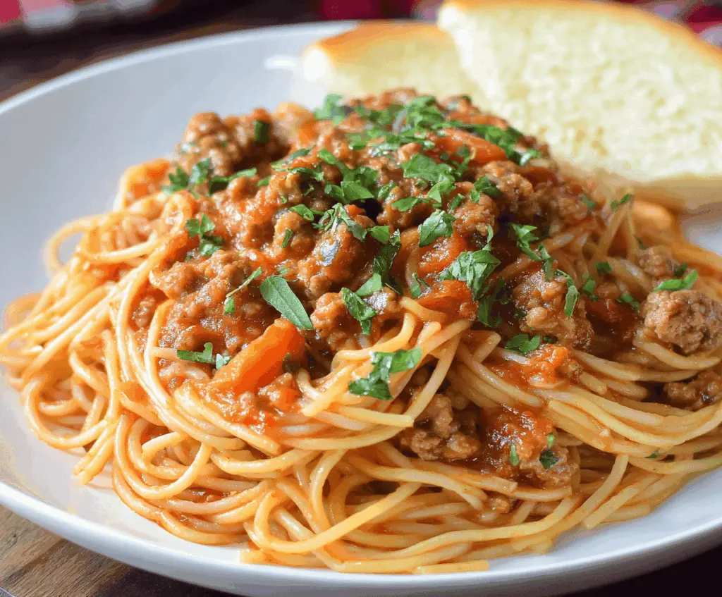 A delicious plate of Italian sausage spaghetti topped with marinara sauce and sprinkled with grated Parmesan cheese.