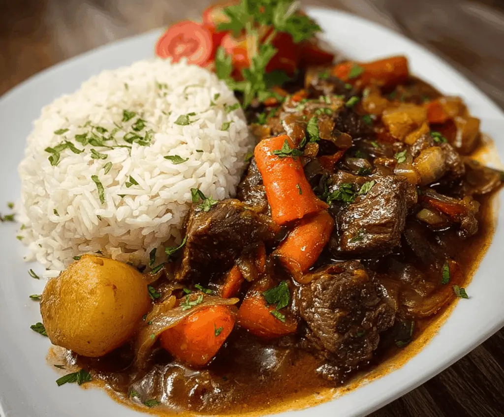 Delicious Jamaican Beef Stew served with fluffy rice, featuring tender beef, flavorful spices, and vibrant vegetables for a hearty Caribbean meal.