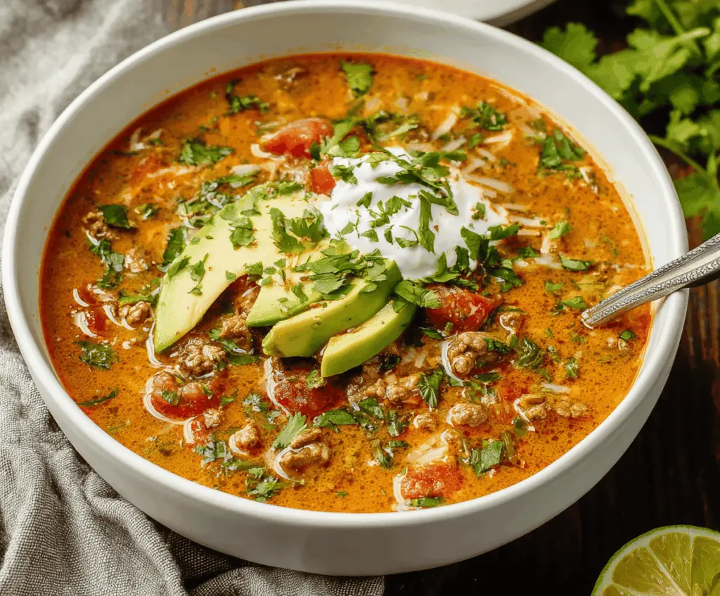 Delicious bowl of Keto Taco Soup topped with shredded cheese, sour cream, and fresh cilantro, perfect for a low-carb, flavorful meal.