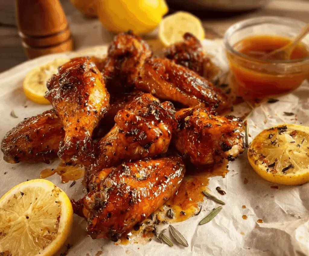 Juicy lemon pepper wings drizzled with honey, garnished with fresh herbs on a white plate