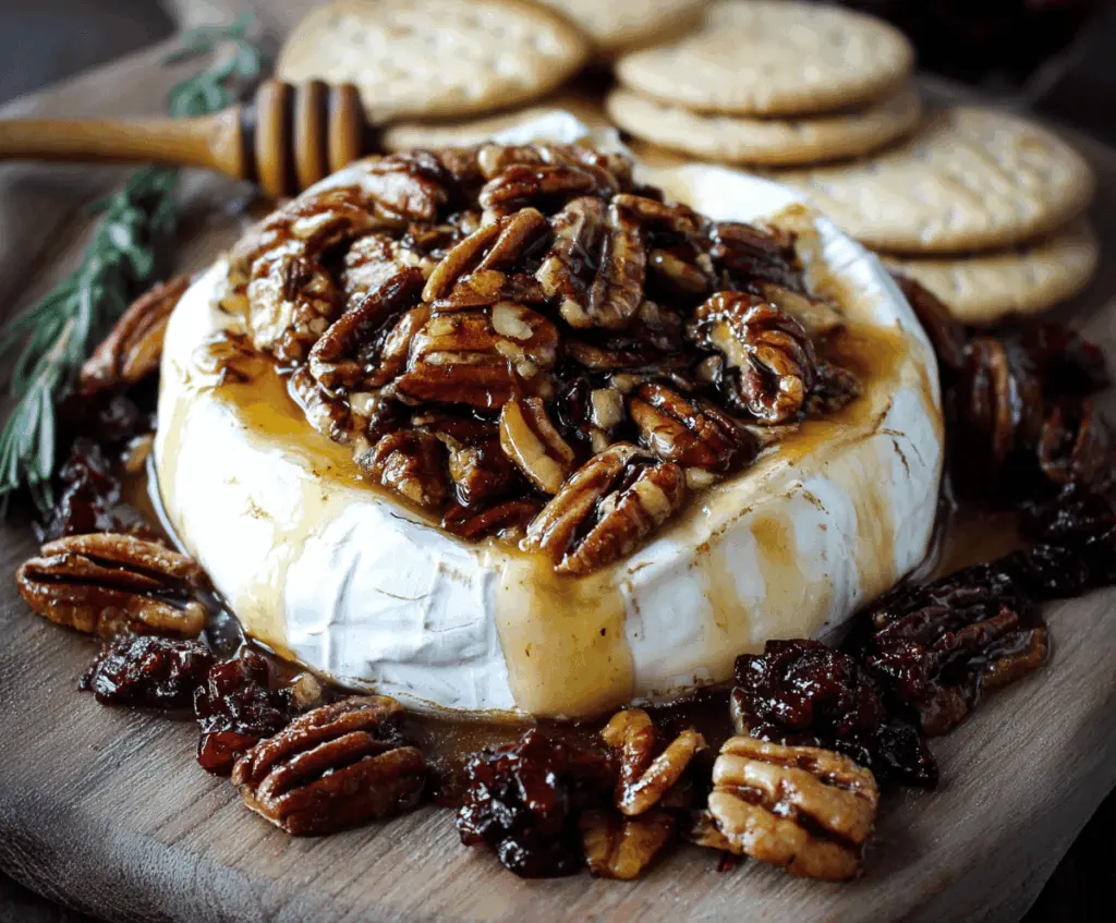 Creamy baked brie topped with toasted pecans and sweet maple syrup, served as a delicious appetizer in this Maple Pecan Baked Brie recipe.