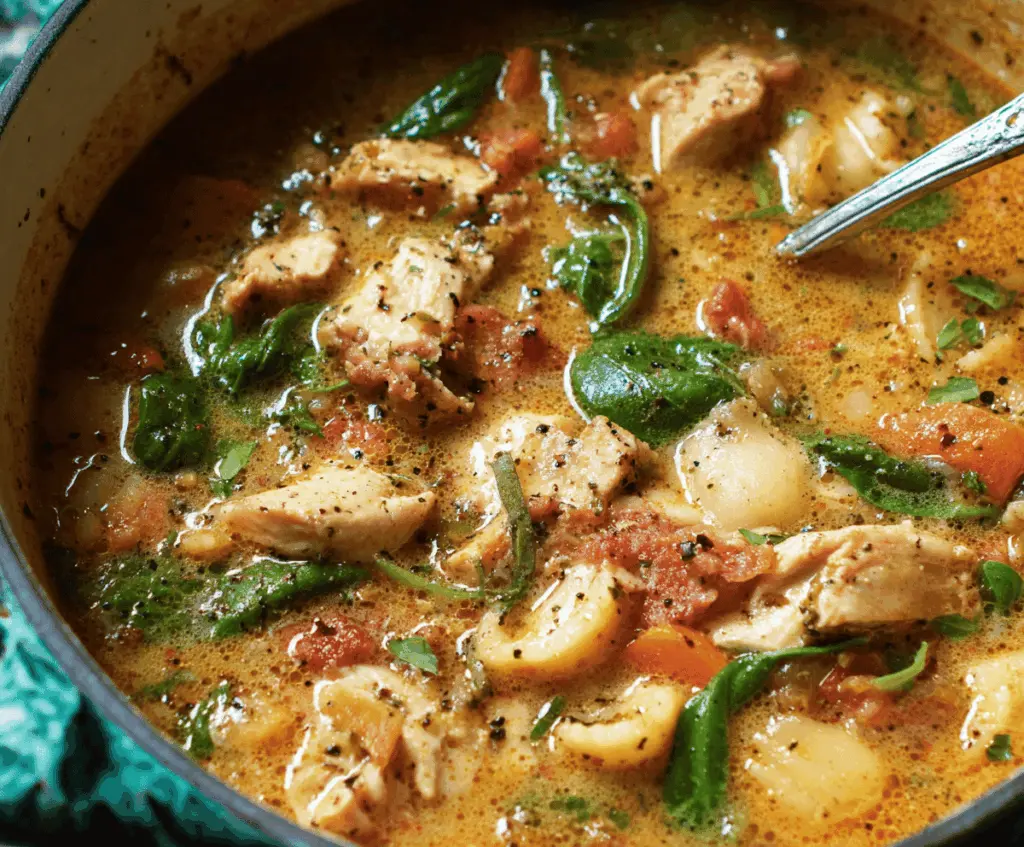 A comforting bowl of Marry Me Chicken Soup with tender chicken, fresh herbs, and creamy broth served with bread on a rustic wooden table.