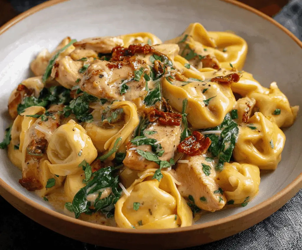 Creamy Marry Me Chicken Tortellini dish with tender tortellini, savory sauce, fresh herbs, and melted cheese, perfect for a romantic dinner.