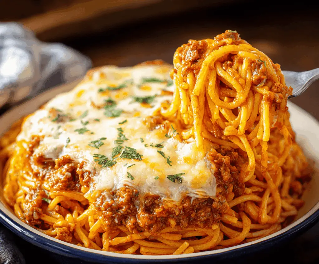 Creamy and cheesy Million Dollar Spaghetti casserole topped with melted cheese, served in a baking dish, perfect for a comforting family dinner.