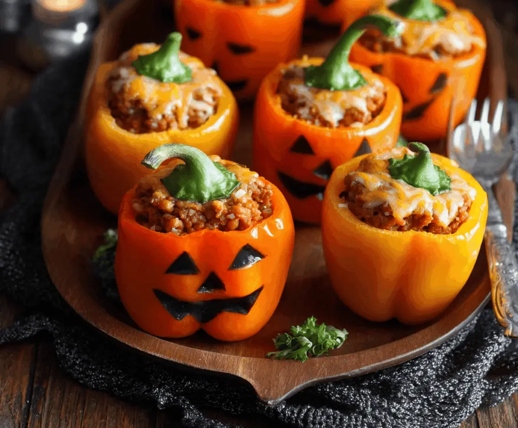 Mini Jack-O’-Lantern Stuffed Peppers filled with savory ingredients, featuring orange peppers carved with pumpkin faces for a festive Halloween appetizer.