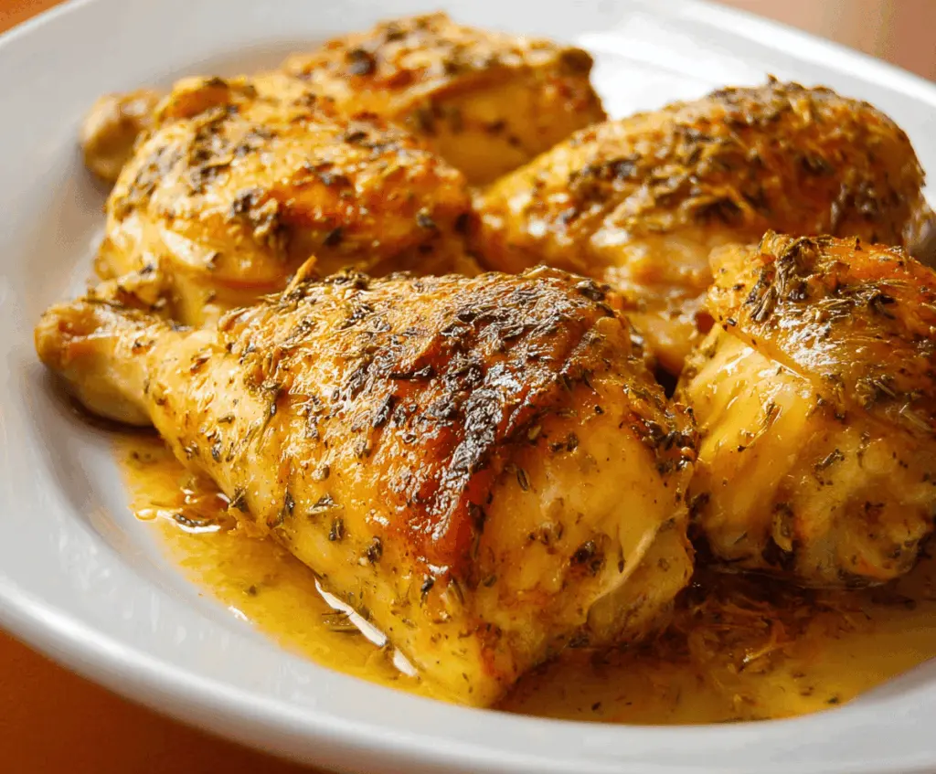 Juicy mustard-herb baked chicken garnished with fresh herbs on a white plate ready to serve