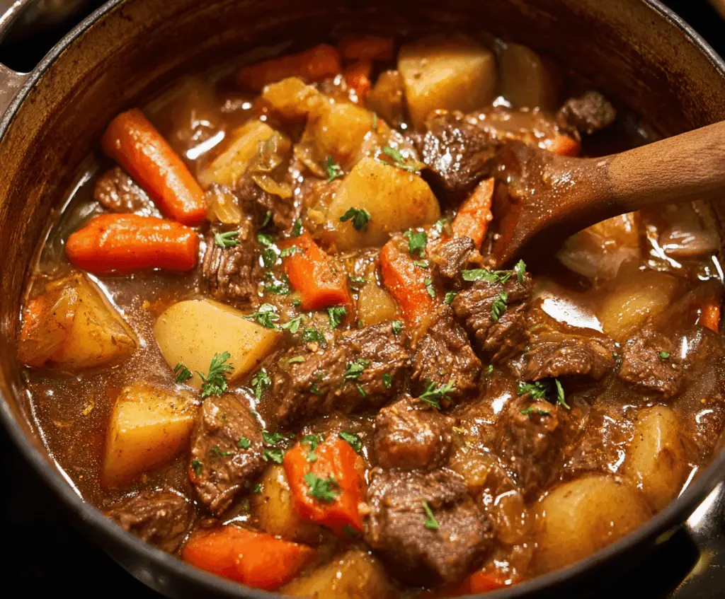 Hearty Old Fashioned Beef Stew with tender beef chunks, vegetables, and savory broth in a rustic bowl.