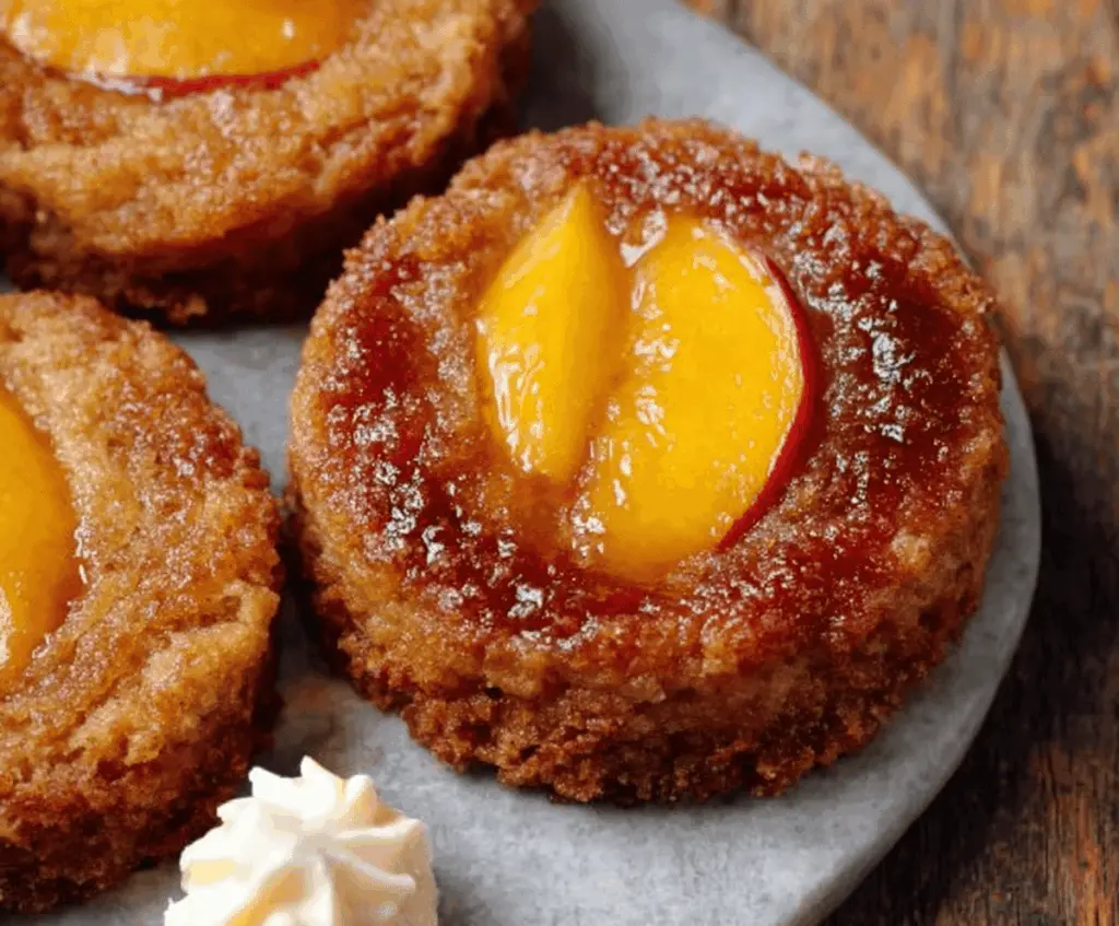 Delicious Peach Upside-Down Cookies topped with caramelized peach slices and a golden cookie base, perfect for a fruity dessert treat.