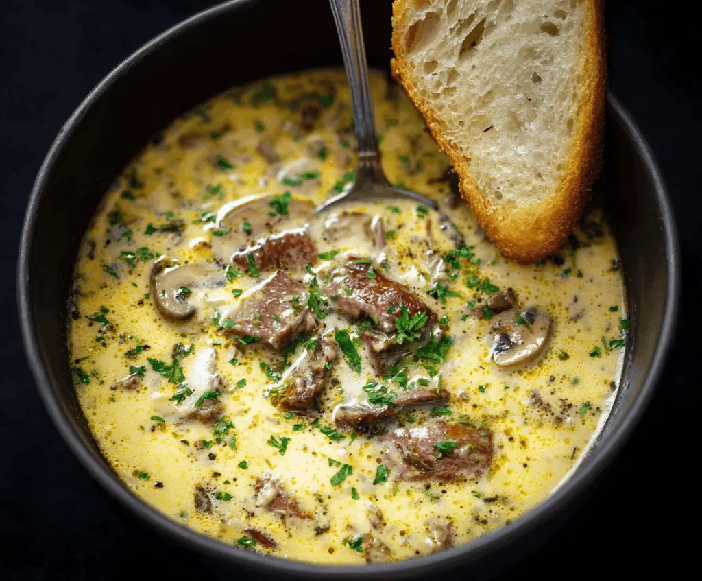 Creamy Philly Cheesesteak Soup with tender steak, melted cheese, bell peppers, and onions in a savory broth