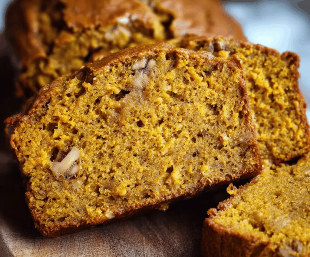 Homemade pumpkin banana bread sliced and ready to serve, featuring a moist texture with warm fall spices on a rustic wooden surface.