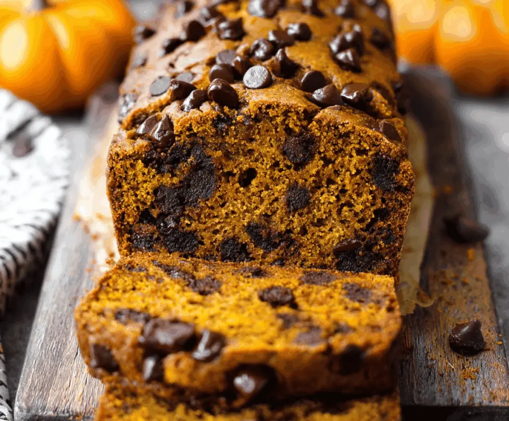 Homemade pumpkin chocolate chip bread sliced open, showing moist pumpkin batter with melty chocolate chips inside, perfect for fall baking.