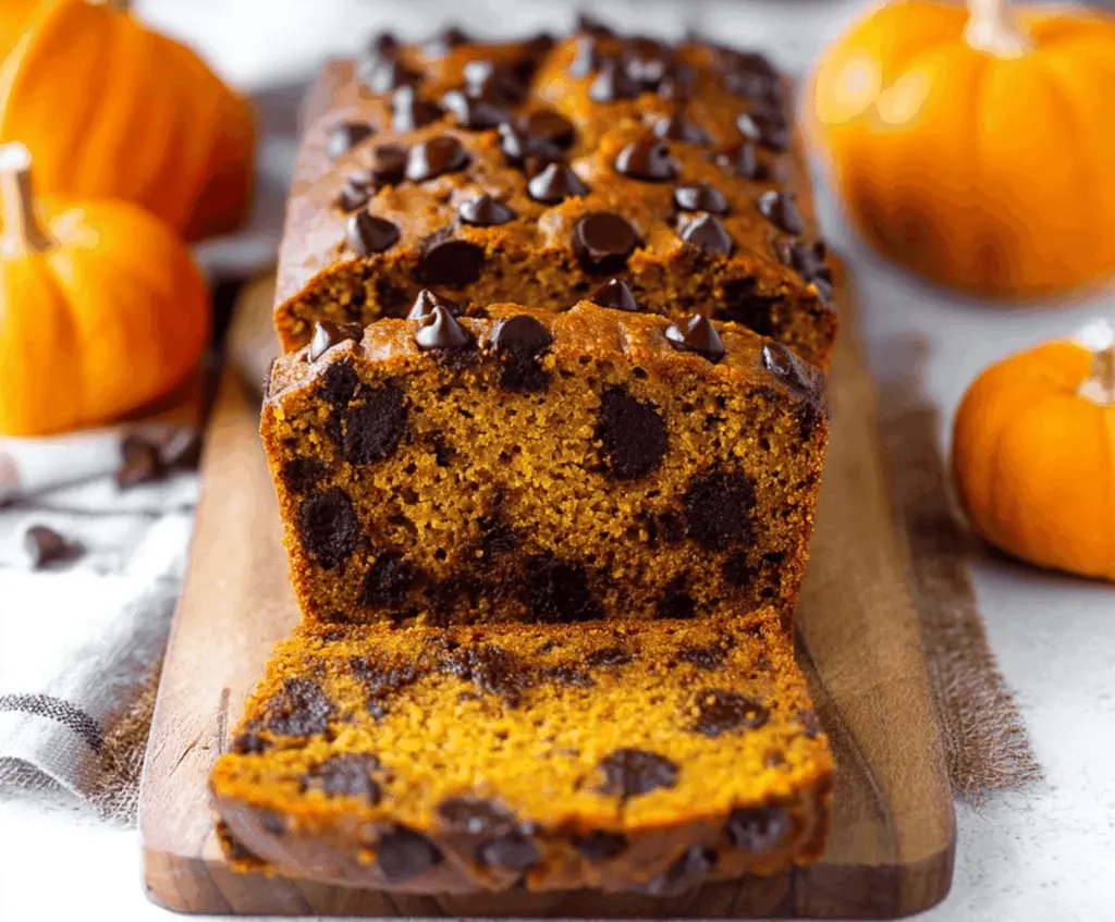 Delicious homemade pumpkin chocolate chip bread topped with chocolate chips and spices, perfect for fall baking