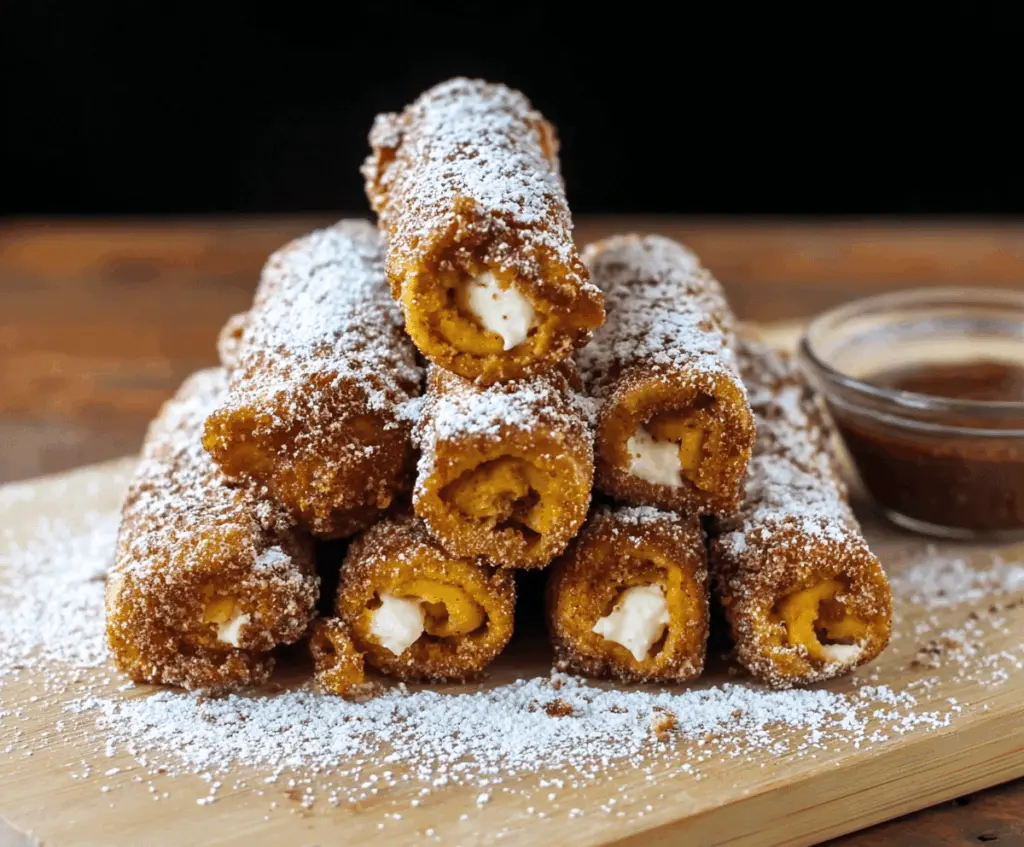 Delicious Pumpkin French Toast Roll-Ups topped with powdered sugar and whipped cream on a serving plate, perfect for fall breakfast or brunch.