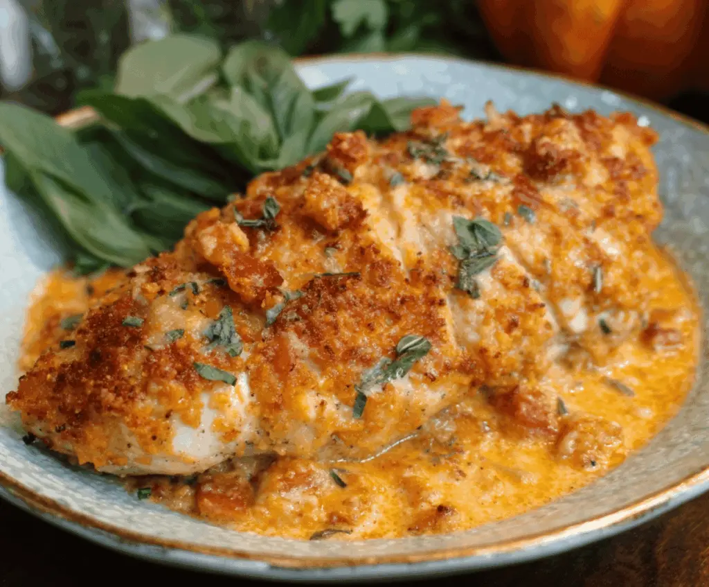 Creamy pumpkin Parmesan chicken skillet garnished with fresh herbs and served with roasted vegetables, perfect for a cozy fall meal.