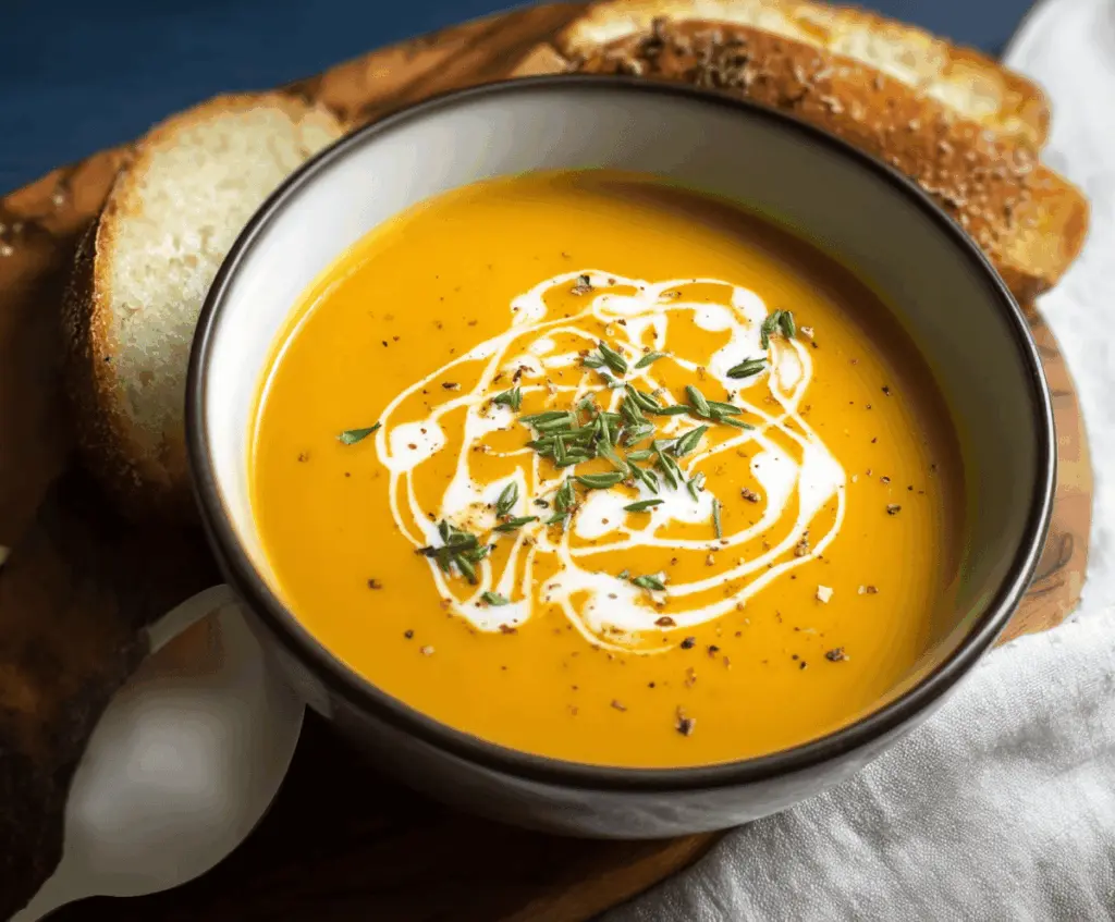Creamy homemade pumpkin soup served in a bowl, garnished with fresh herbs and a drizzle of cream, perfect for a cozy fall meal.