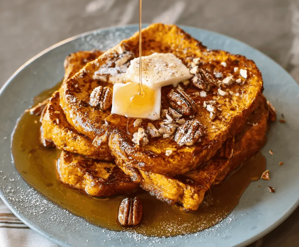 Delicious pumpkin spice French toast topped with whipped cream and caramel drizzle, served with fresh fruit for a cozy fall breakfast.