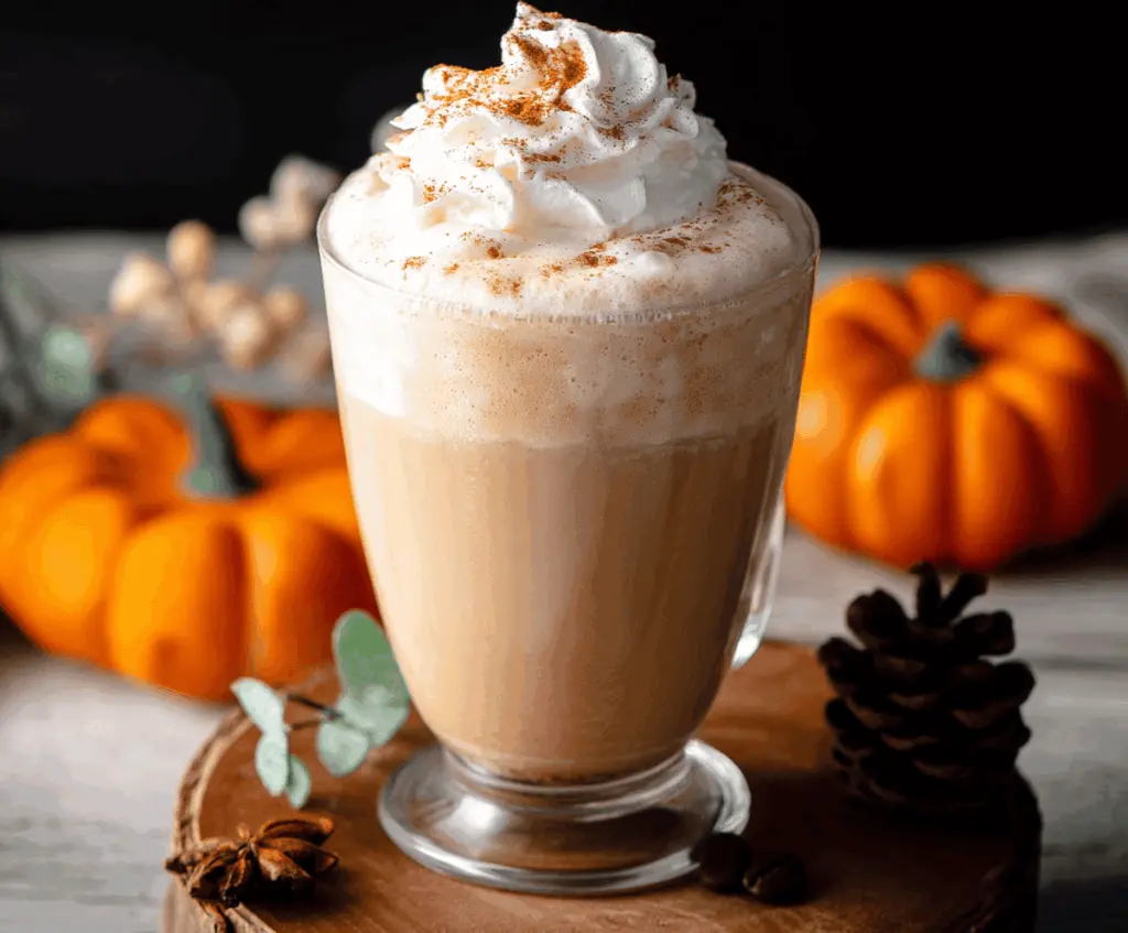 Creamy pumpkin spice latte topped with whipped cream and a sprinkle of cinnamon, served in a cozy mug for a warm autumn treat.