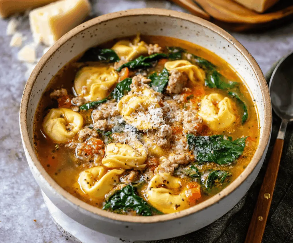 Creamy sausage tortellini soup with fresh vegetables and herbs in a bowl, perfect for a hearty and flavorful meal
