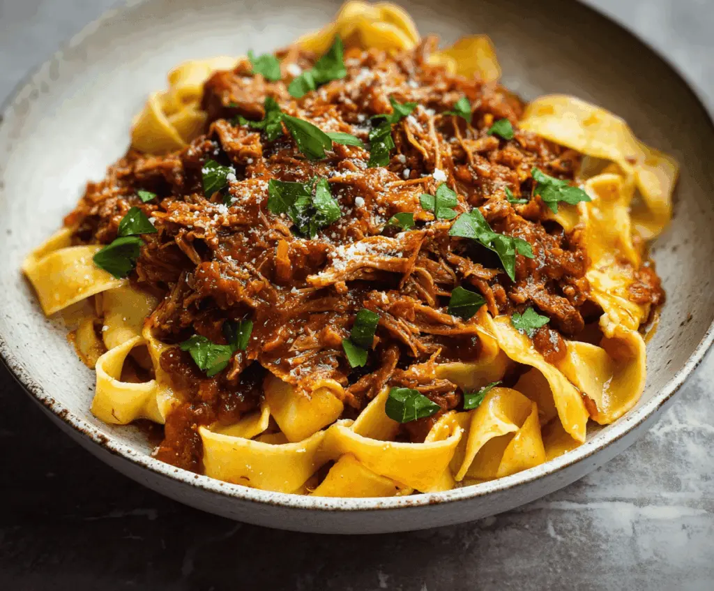 Delicious slow cooker pork ragu served over pasta with fresh herbs, perfect for a comforting dinner