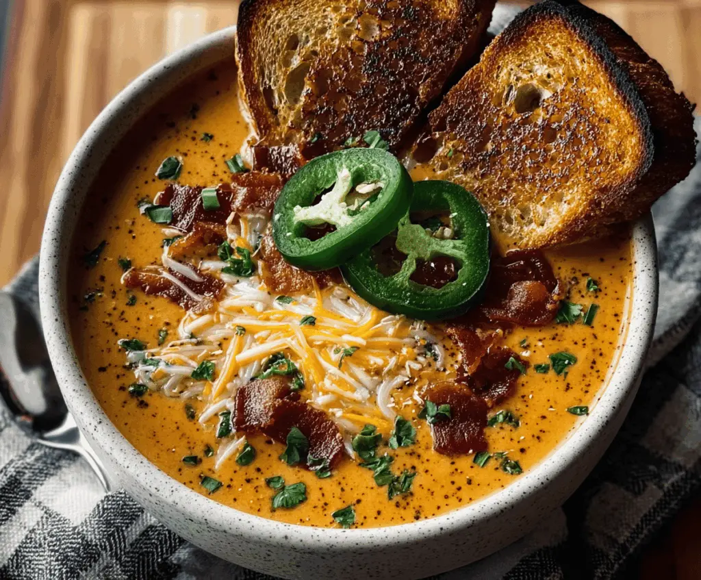 Creamy spicy jalapeño popper soup served with crispy grilled cheese dippers, topped with fresh herbs and melted cheese for a comforting, flavorful appetizer.