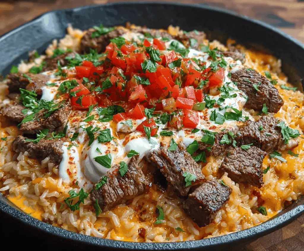 Creamy steak queso rice dish featuring tender steak pieces, melted cheese, and flavorful rice served on a plate.