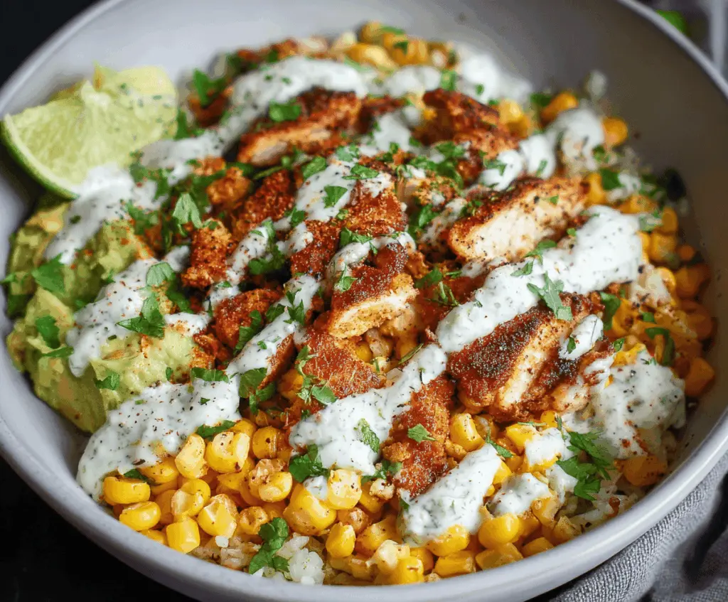 Delicious street corn chicken bowl with grilled chicken, creamy corn, fresh cilantro, and spicy seasonings on a white plate