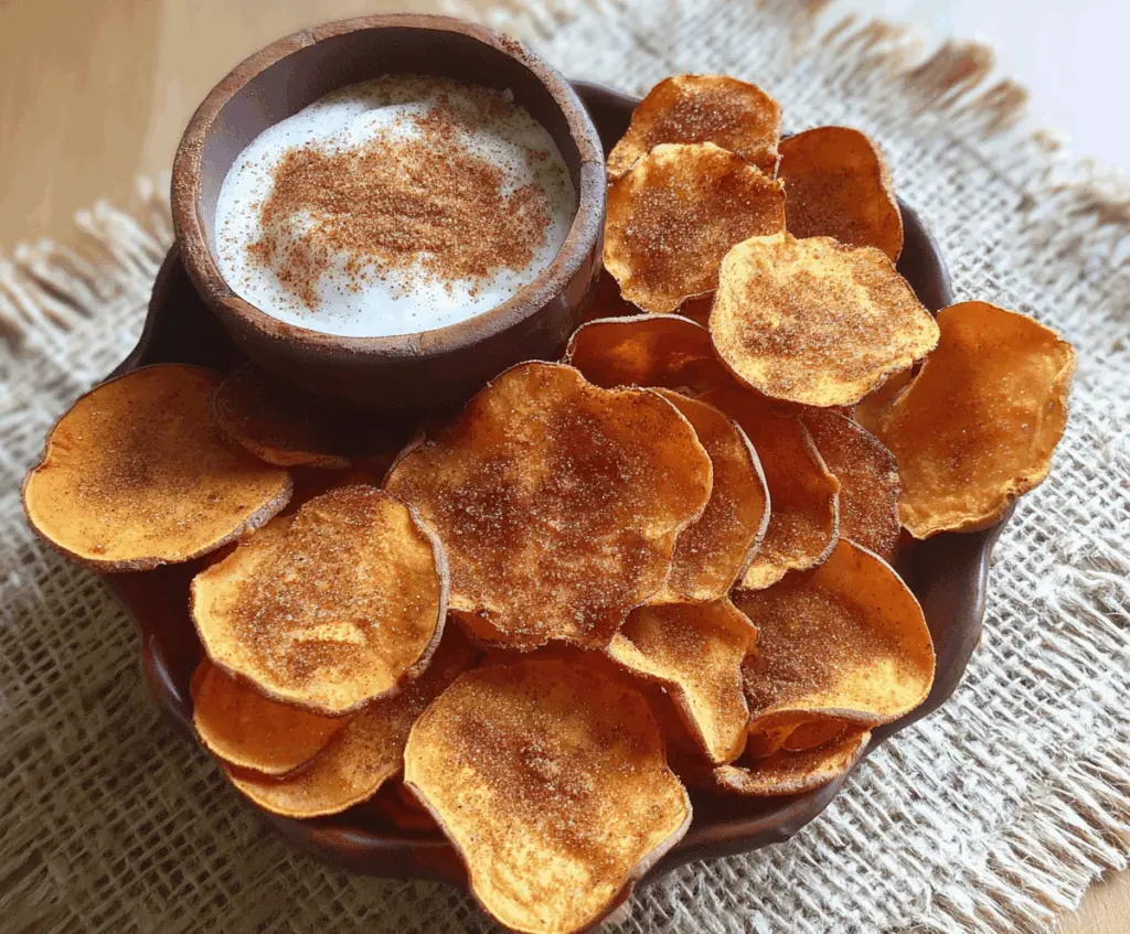 Crunchy sweet potato chips sprinkled with cinnamon sugar, perfect for a healthy snack or appetizer.