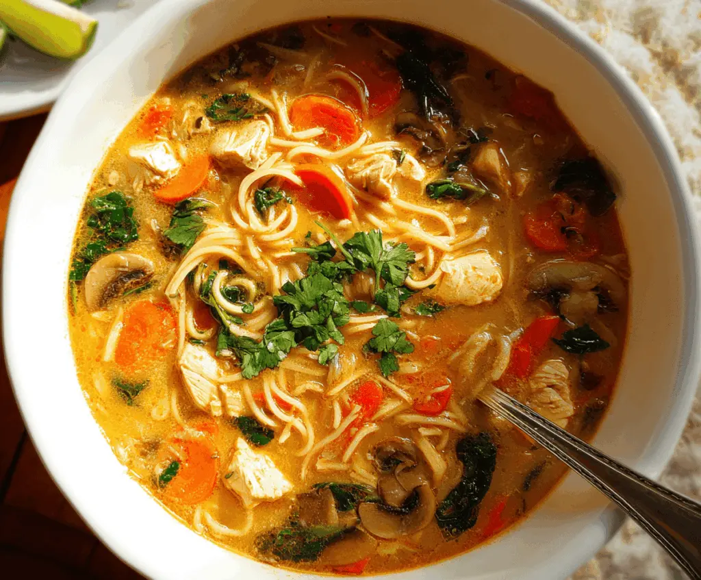 Delicious Thai chicken noodle soup with fresh herbs, vegetables, and tender chicken in a flavorful broth