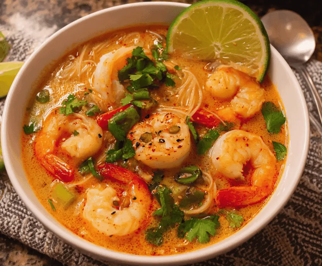 A bowl of Thai Shrimp Soup garnished with fresh herbs and lime slices, featuring shrimp, vegetables, and aromatic spices in a flavorful broth.